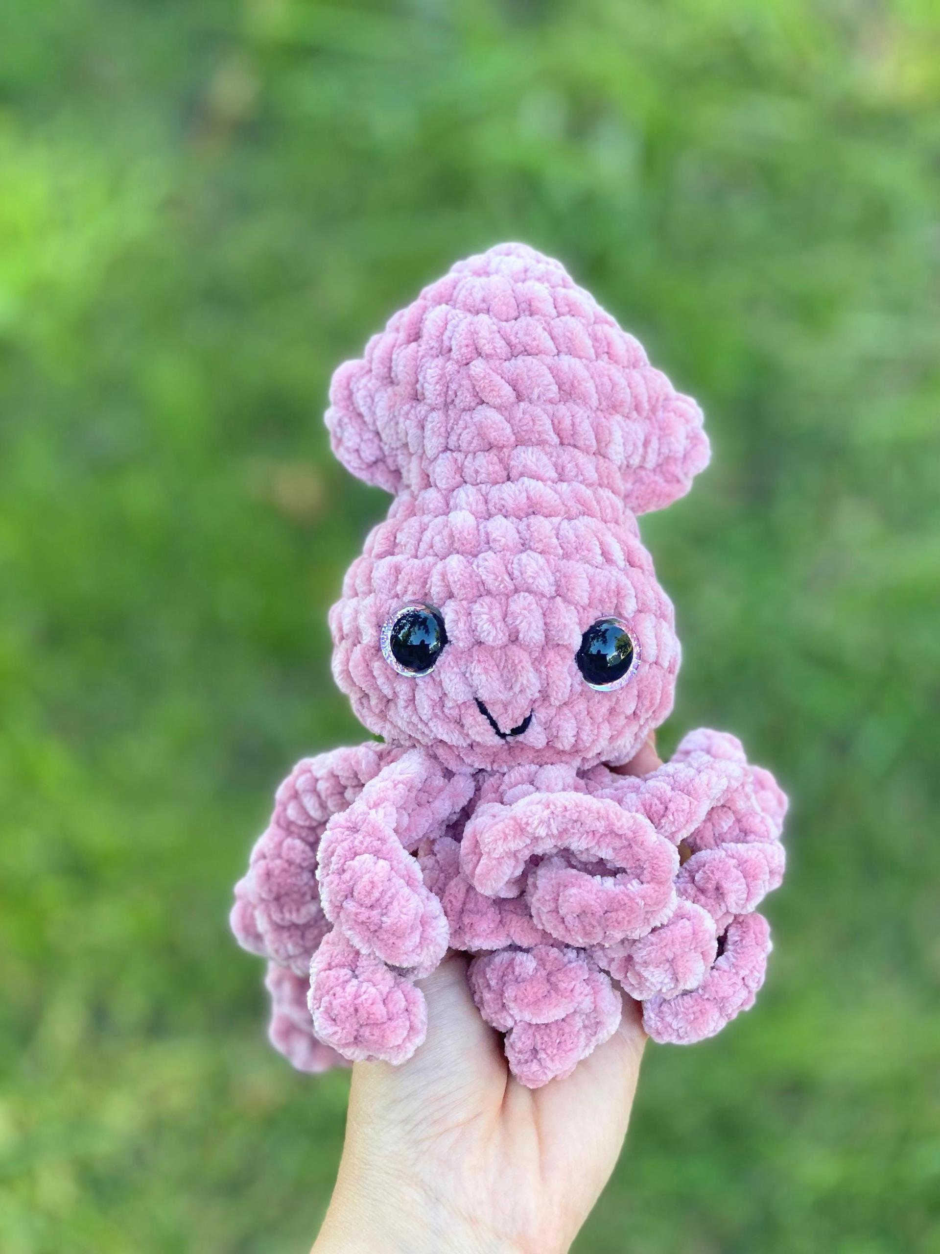 Crochet Mini Squid Plushie with Glitter Eyes, Gift for Ocean Animal Lover, Summer Stuffie for the Beach, Pink or Baby Squid Plush Amigurumi thumbnail 4