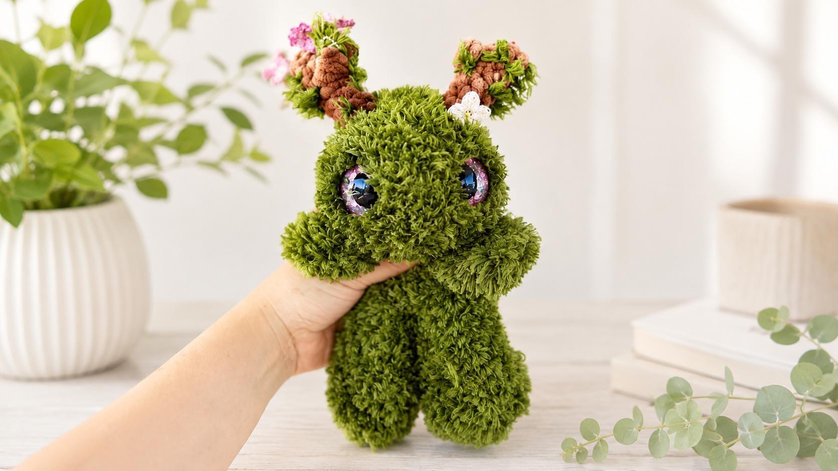Crochet Moss Sprite Plush: Fuzzy Green Forest Guardian thumbnail 7