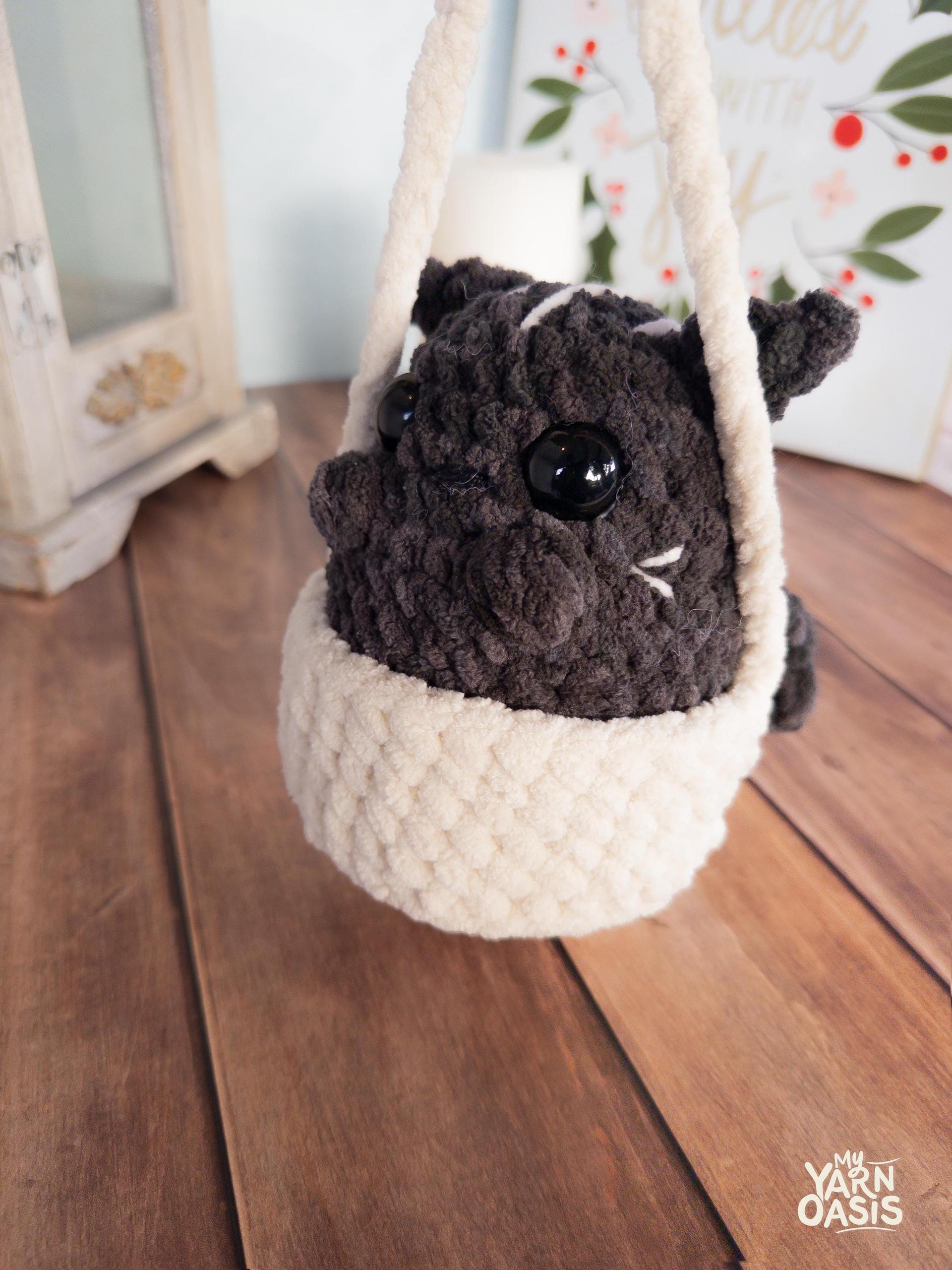 Crochet Cat in Basket Plush, Handmade Chenille Yarn Decor