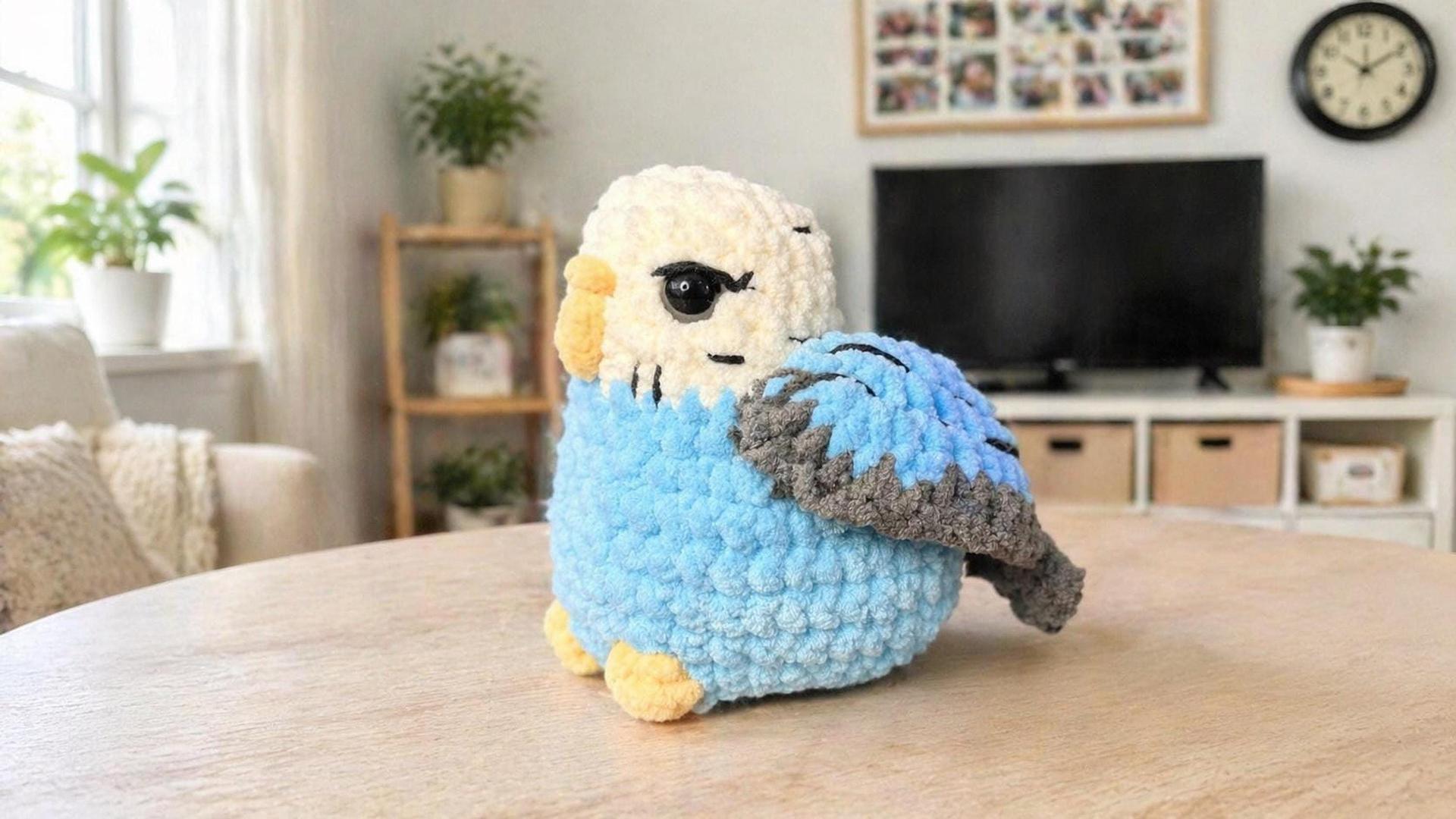 Crochet Budgie Plushie, 3–4 Inch Blue Parakeet Amigurumi, Desk Decor thumbnail 4
