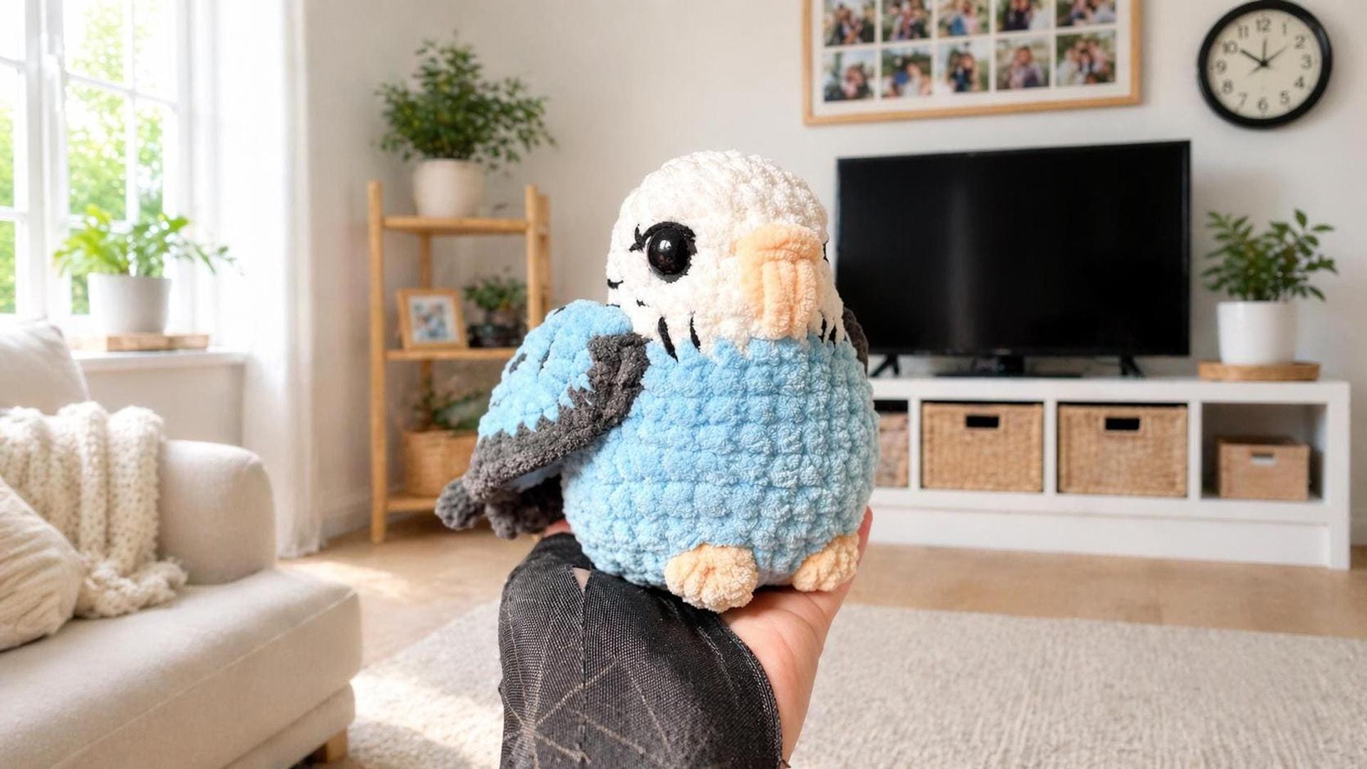Crochet Budgie Plushie, 3–4 Inch Blue Parakeet Amigurumi, Desk Decor thumbnail 6