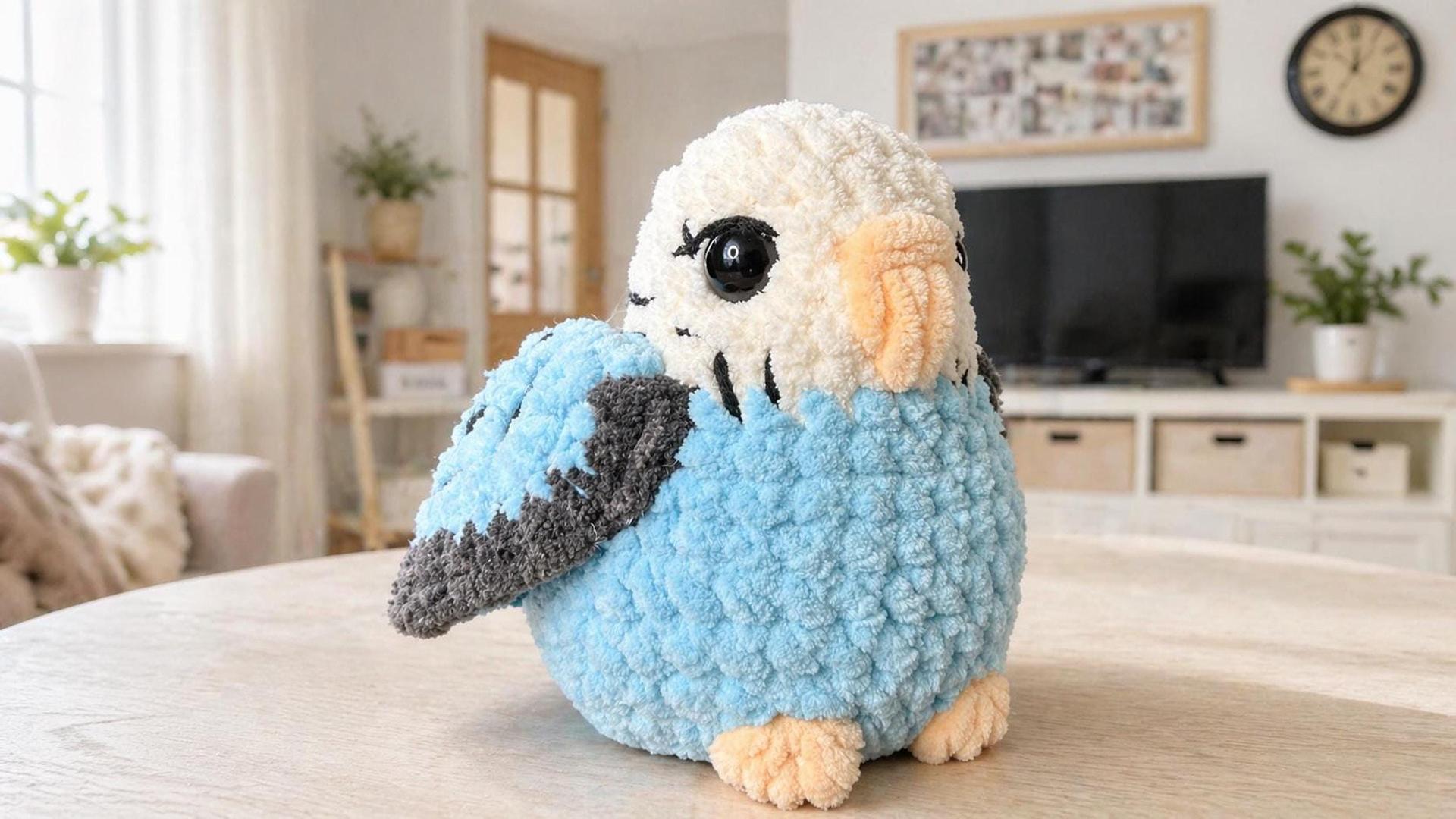 Crochet Budgie Plushie, 3–4 Inch Blue Parakeet Amigurumi, Desk Decor