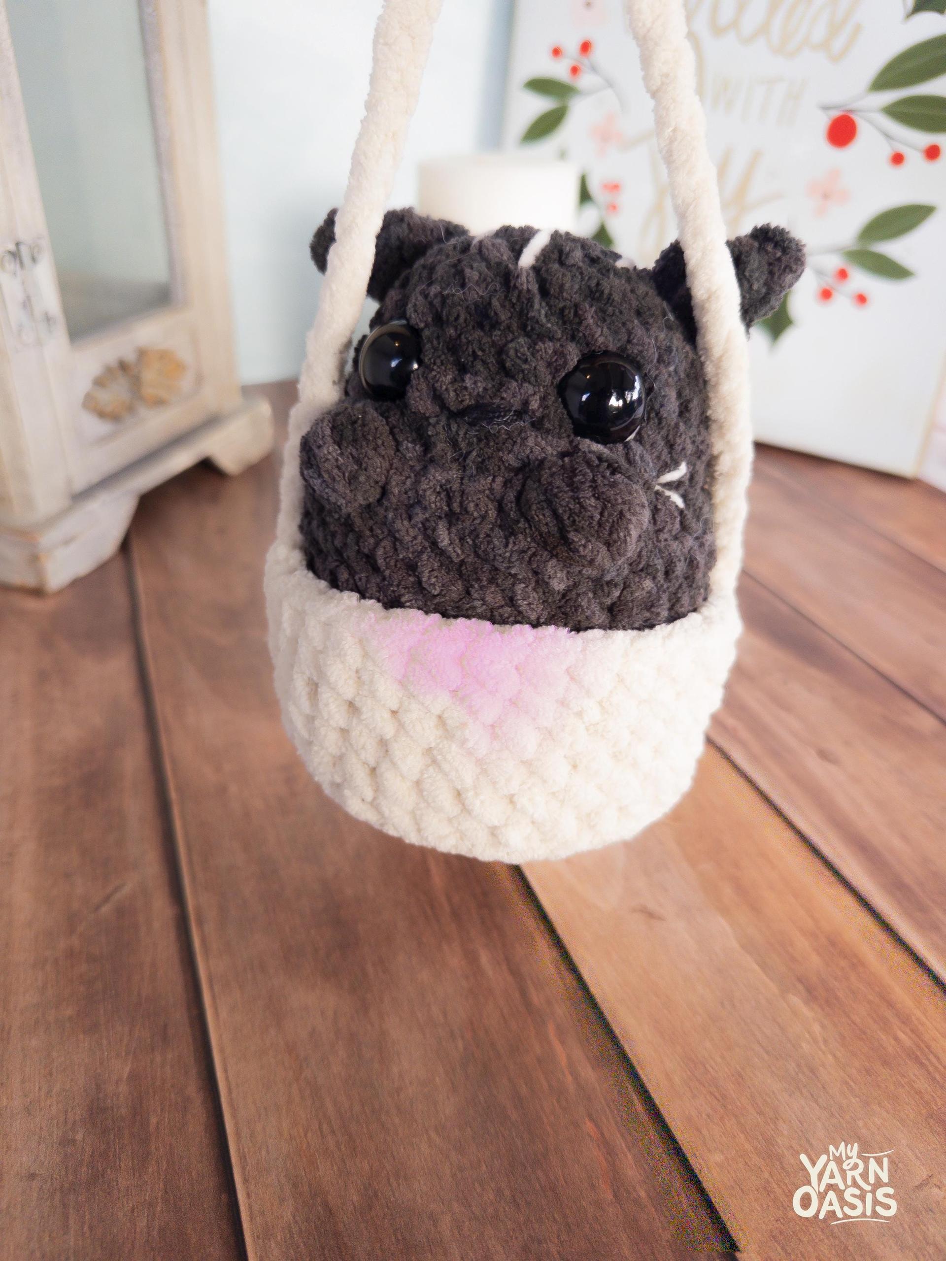 Crochet Cat in Basket Plush, Handmade Chenille Yarn Decor thumbnail 2
