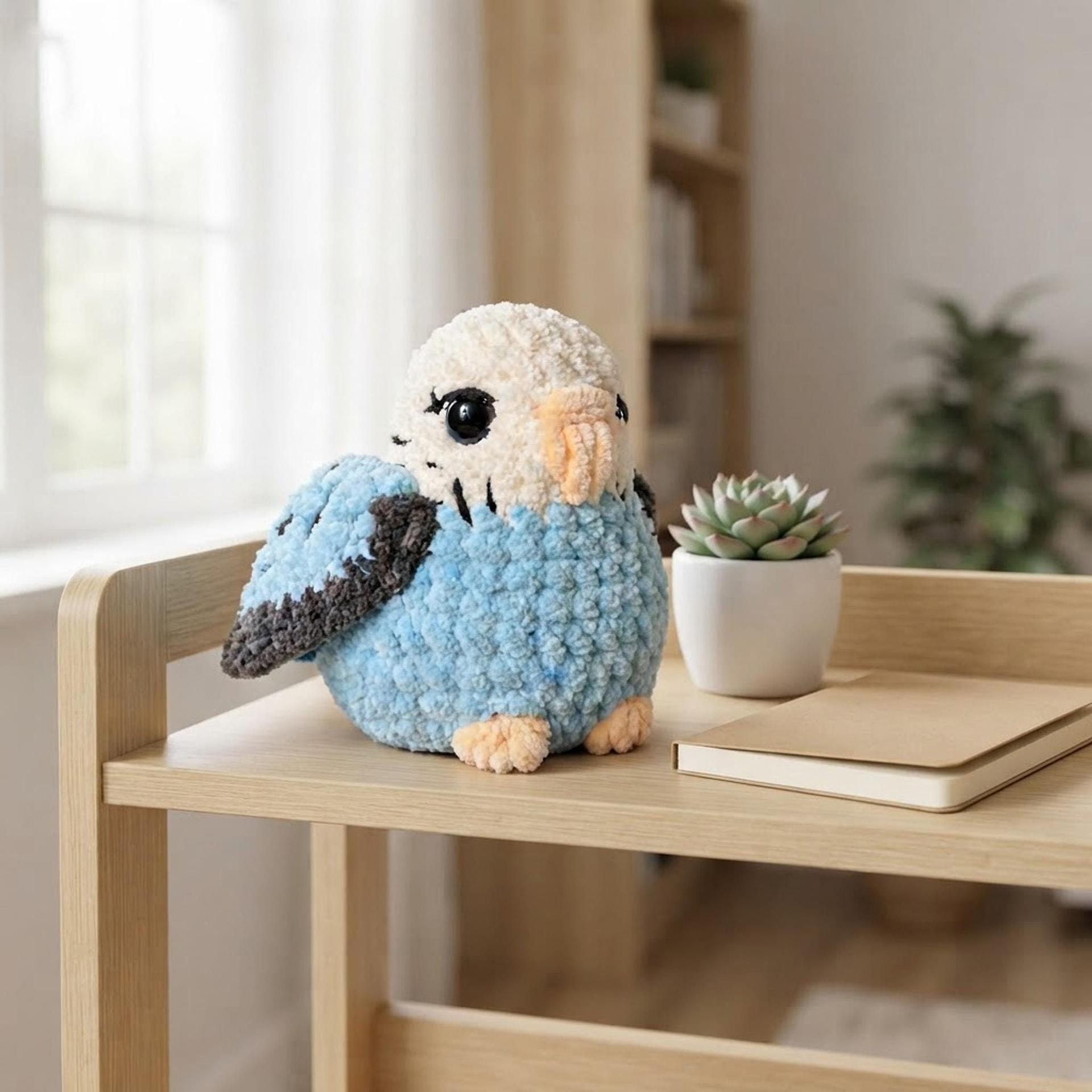 Crochet Budgie Plushie, 3–4 Inch Blue Parakeet Amigurumi, Desk Decor thumbnail 7