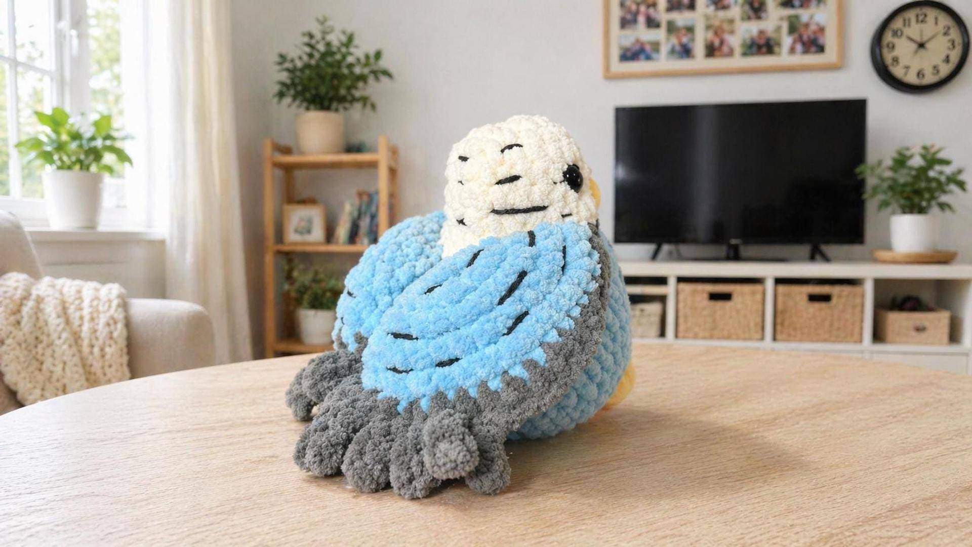 Crochet Budgie Plushie, 3–4 Inch Blue Parakeet Amigurumi, Desk Decor thumbnail 3