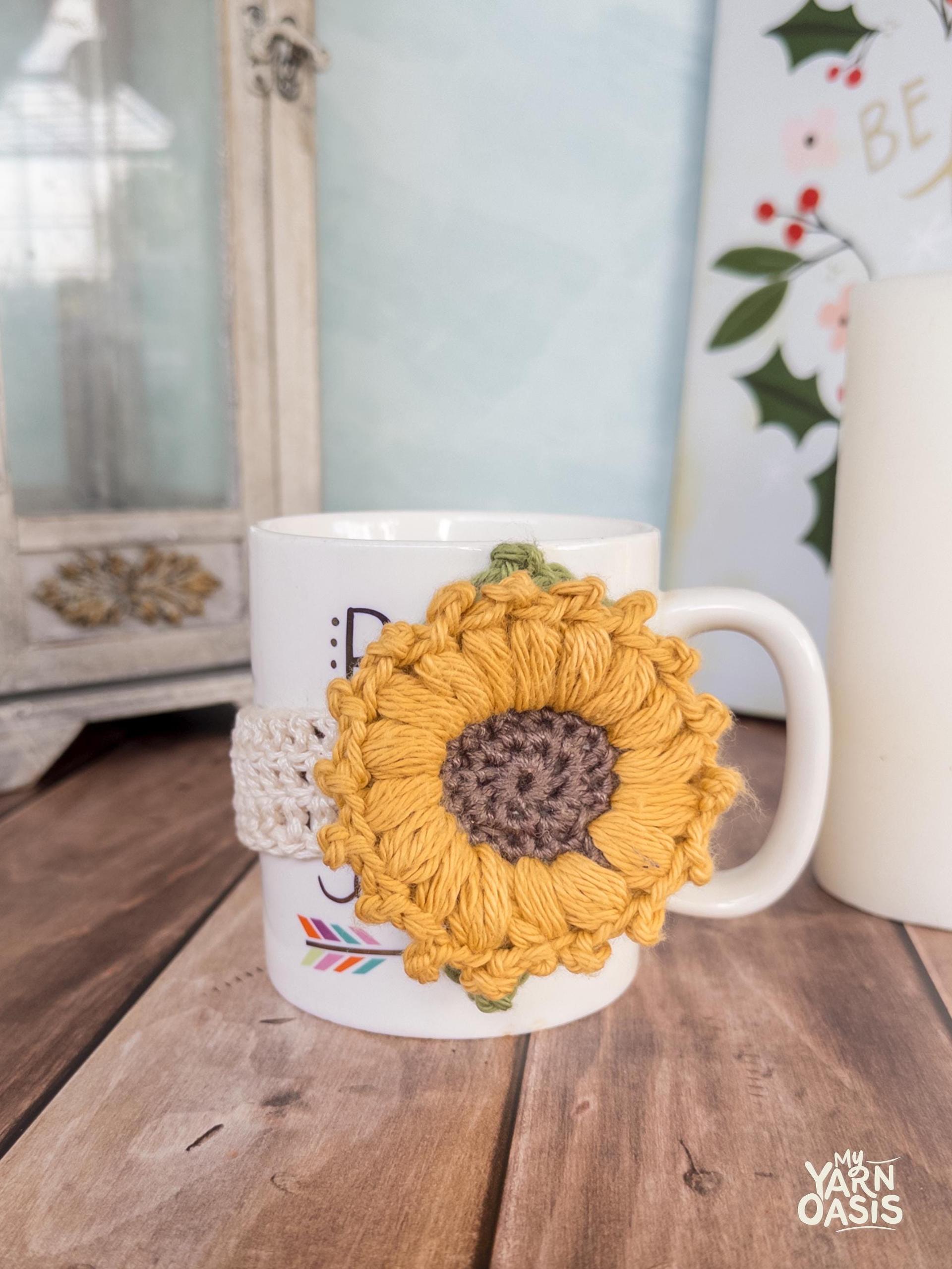 Handmade Crochet Sunflower Cup Cozy, Coffee Mug Wrap