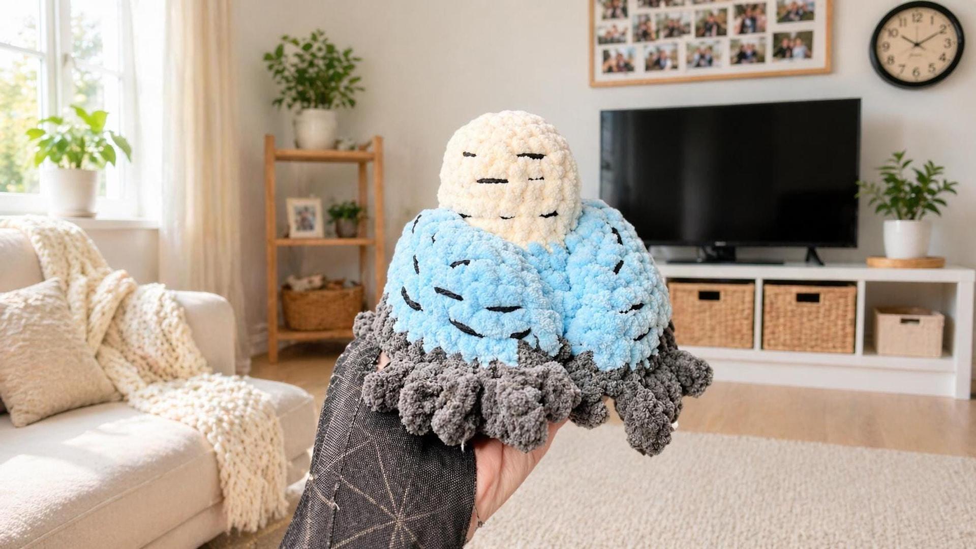 Crochet Budgie Plushie, 3–4 Inch Blue Parakeet Amigurumi, Desk Decor thumbnail 5