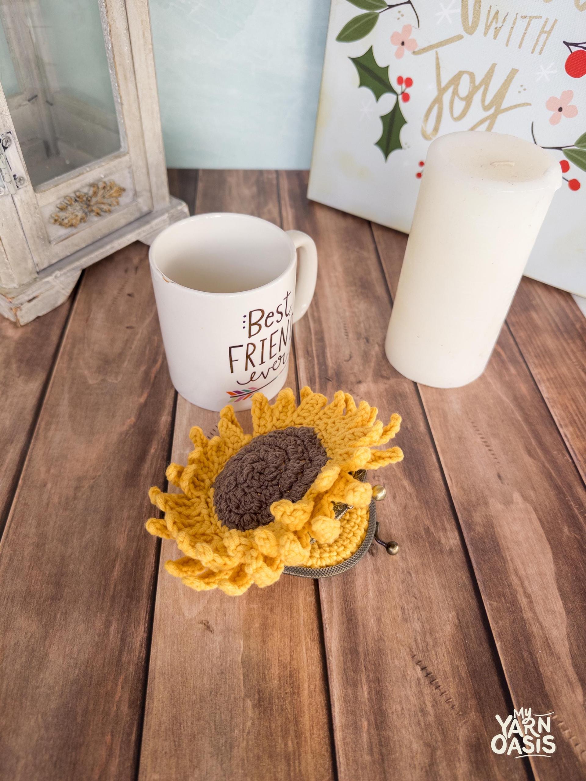Crochet Sunflower Coin Purse 100% Handmade with antique finished kiss lock thumbnail 2
