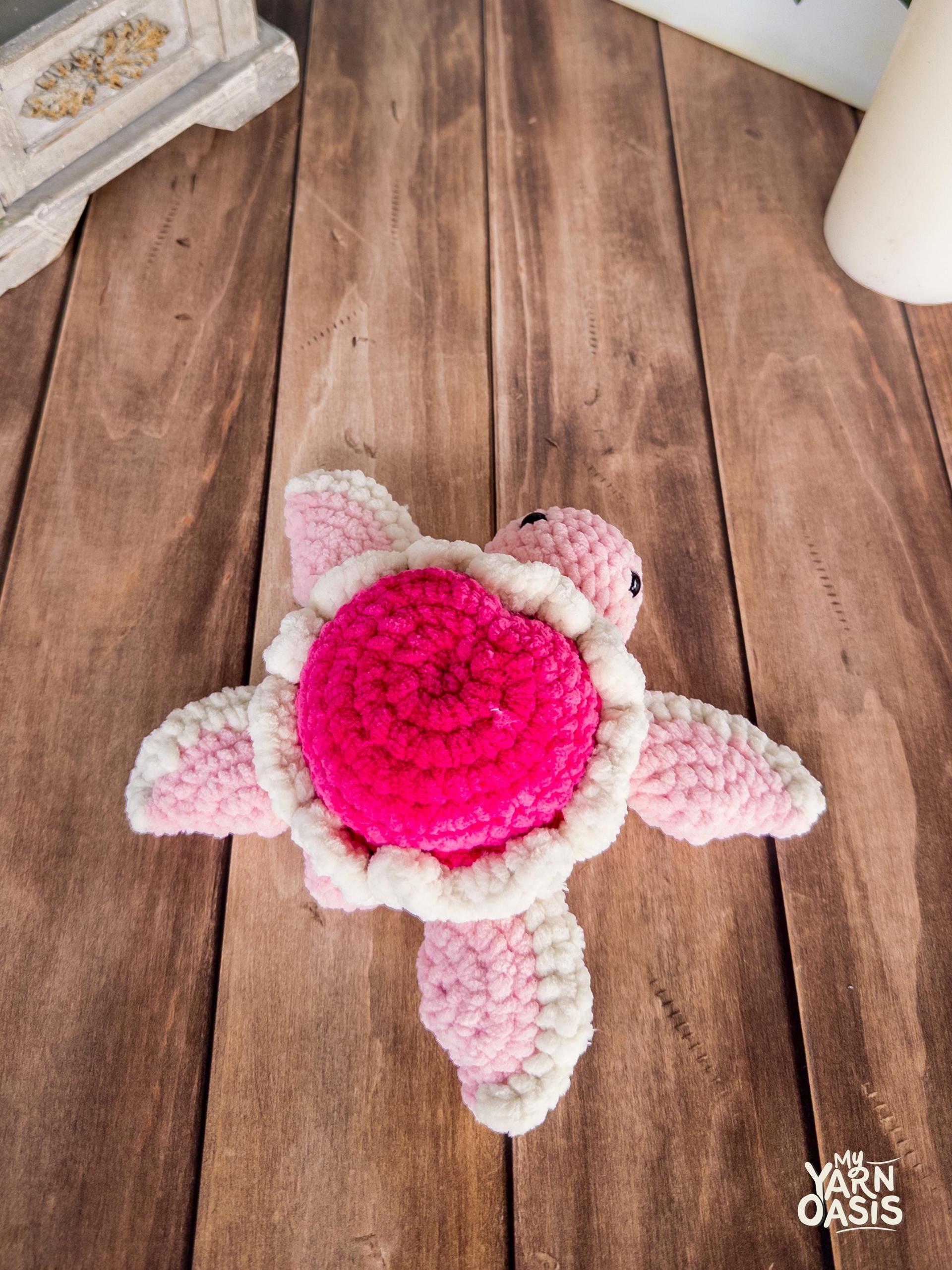 Chenille Yarn Turtle Plush: Pink Mini Heart Shell, Handmade, Valentines Gift thumbnail 4