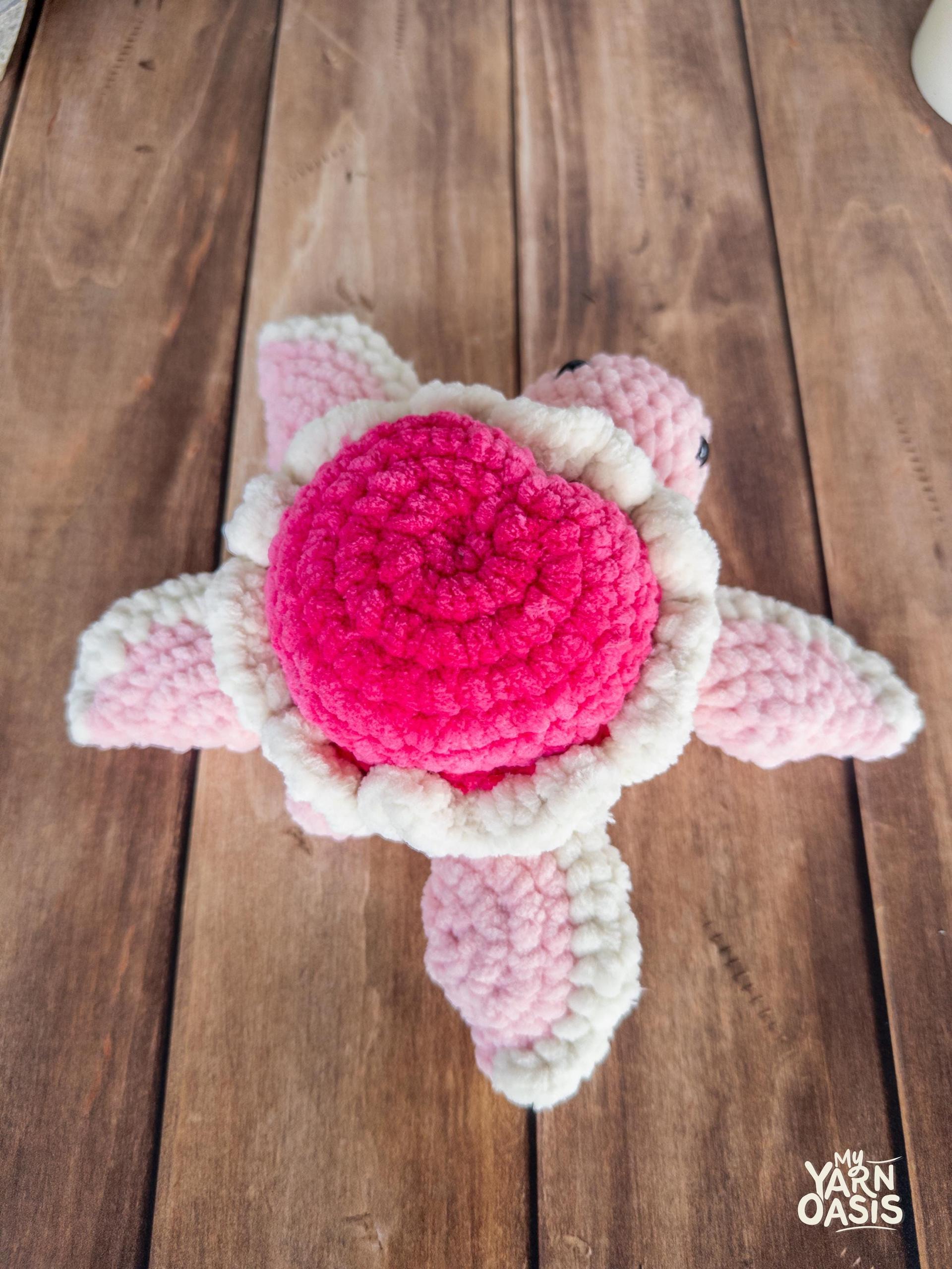 Chenille Yarn Turtle Plush: Pink Mini Heart Shell, Handmade, Valentines Gift
