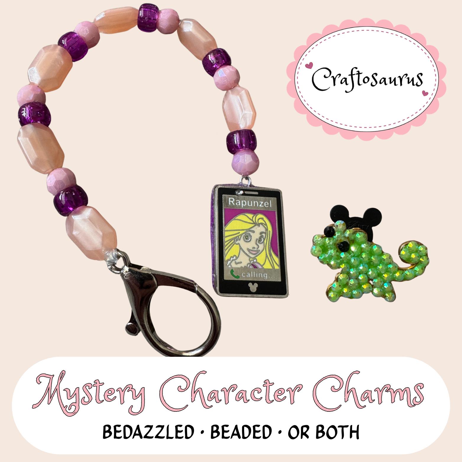 Mystery Character Charms, Bedazzled Enamel Pin or Beaded Keychain, Handmade Repurposed Mystery Gift